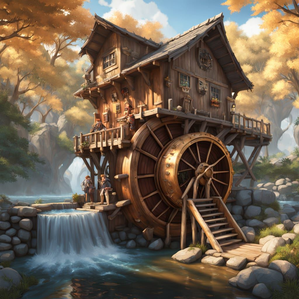 Whimsical Waterwheel Scene in Earthy Tones