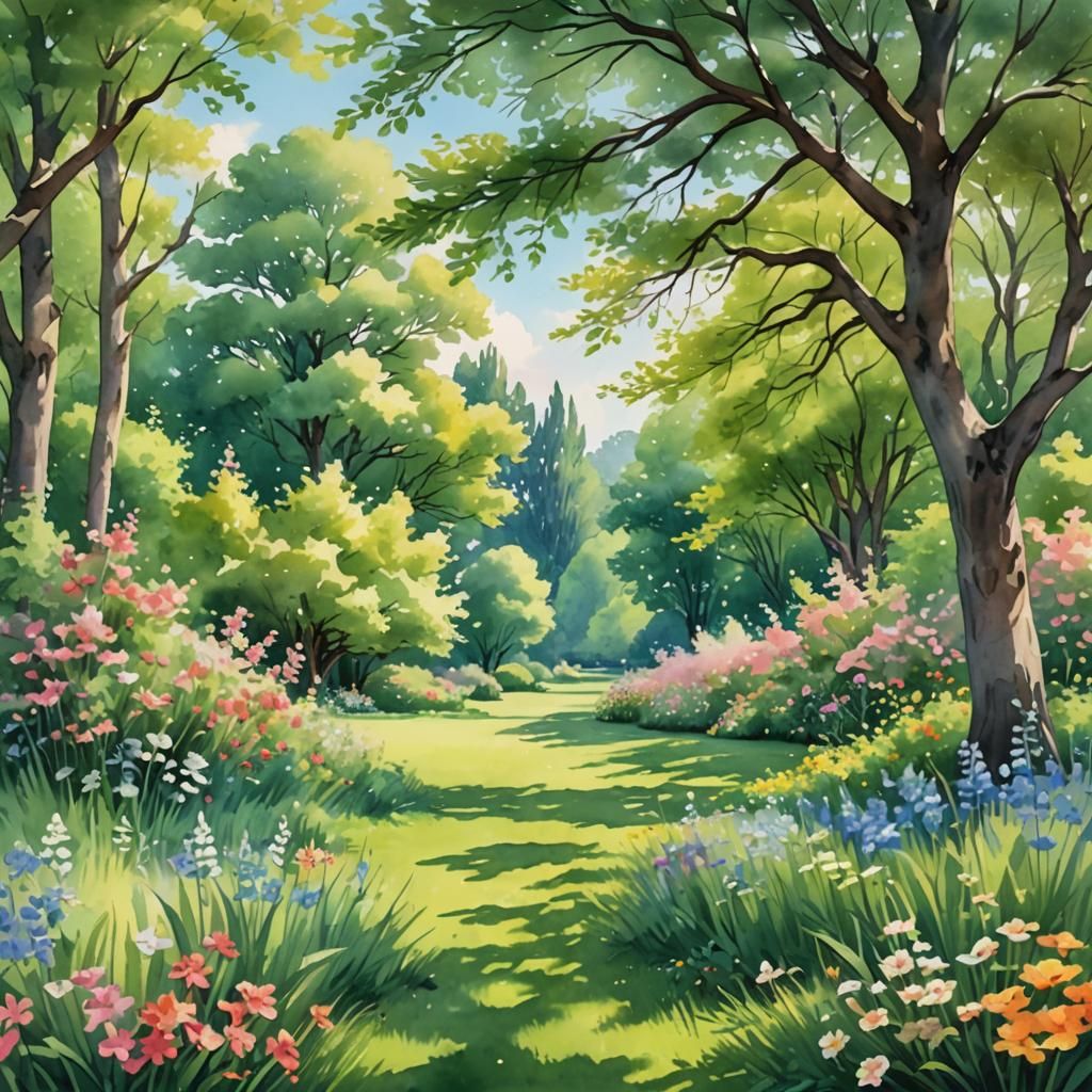 Serene Watercolor Landscape with Majestic Trees and Vibrant....