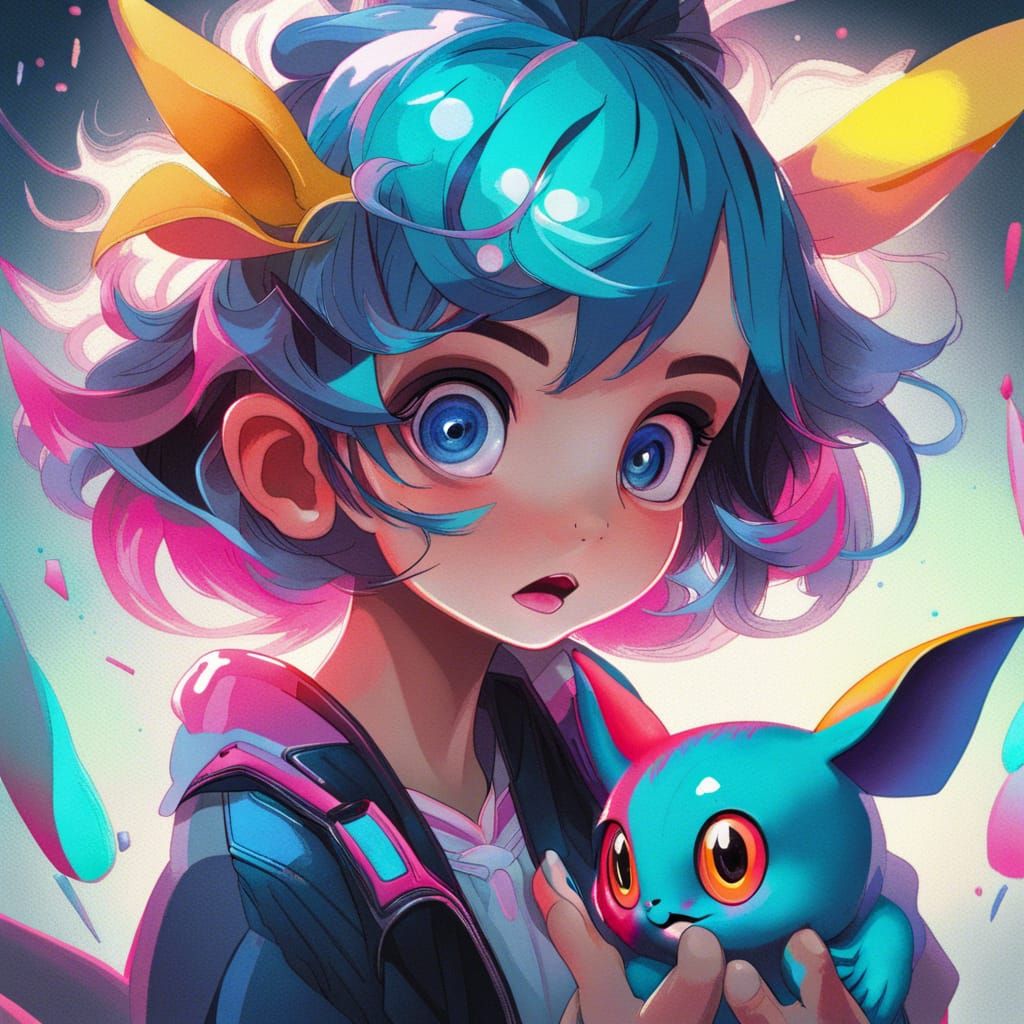 Girl and Pokémon in Vibrant Hyperrealism