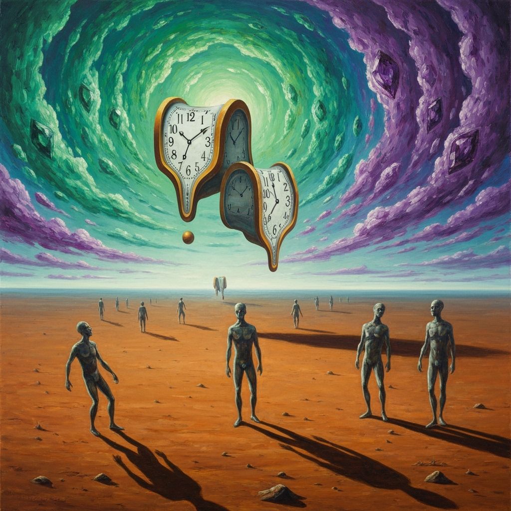 Surreal Dreamscape Oil Painting: Melting Clocks in Desert