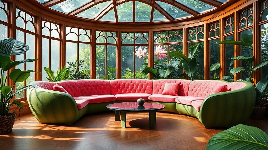 Sleek Watermelon Sofas in a Tropical Conservatory Oasis