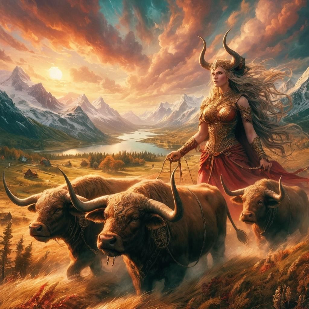 Epic Norse Fantasy Landscape with Gefjun and Her Oxen