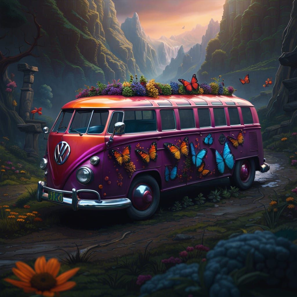 Ethereal VW Bus Transformed by Butterflies in a Vibrant Fant...