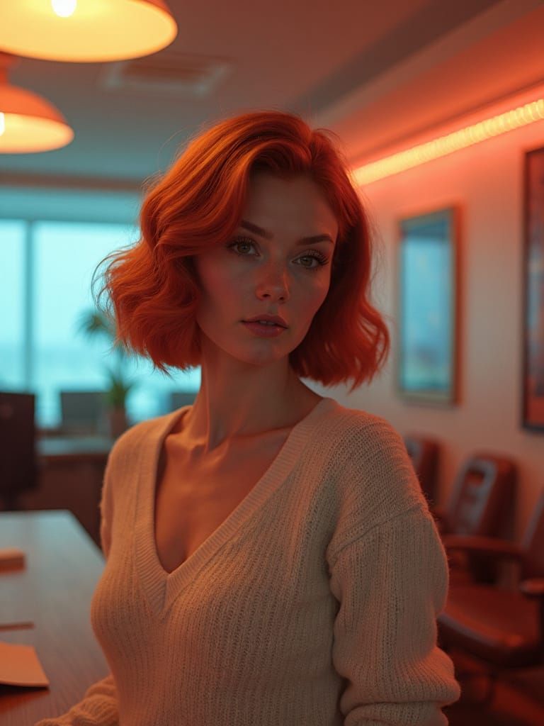 Elegant Red-Haired Woman in Bauhaus Office, Syd Mead Style