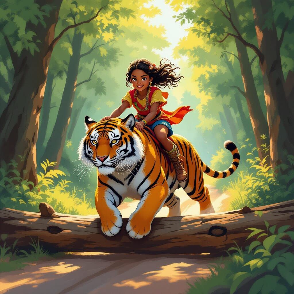 Girl Riding Tiger Through Forest, Digital Art