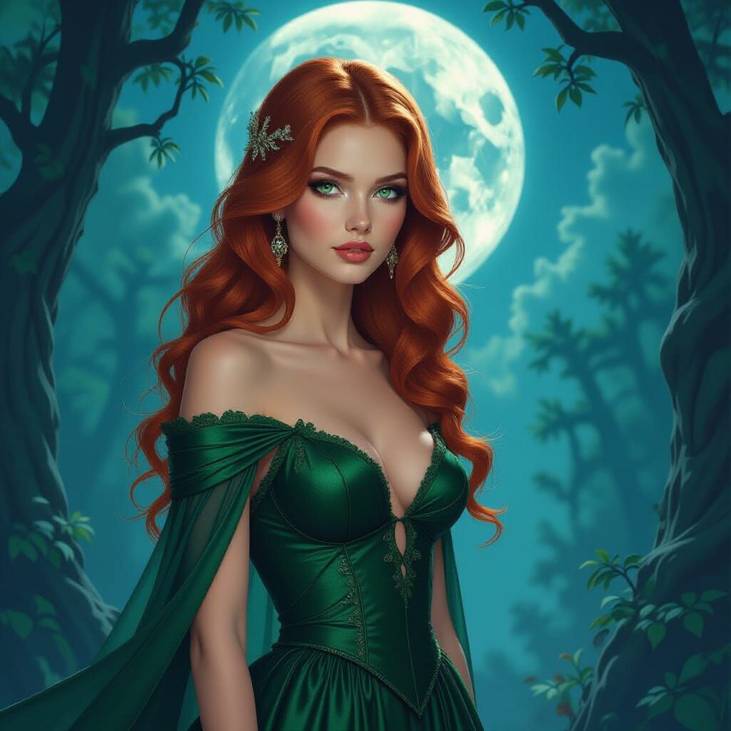 Red Haired Guardian in Moonlit Mystical Forest
