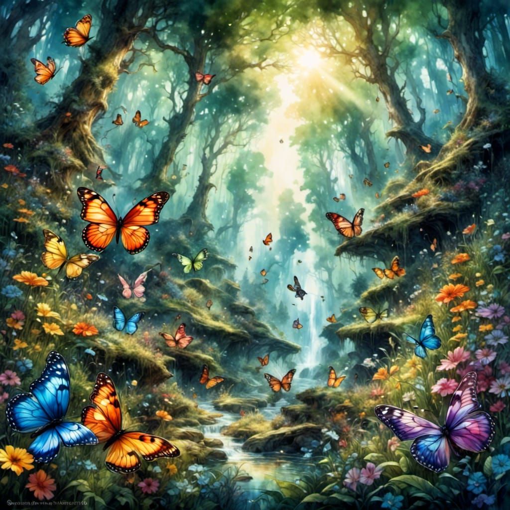 Whimsical Fantasy Landscape with Dancing Butterflies