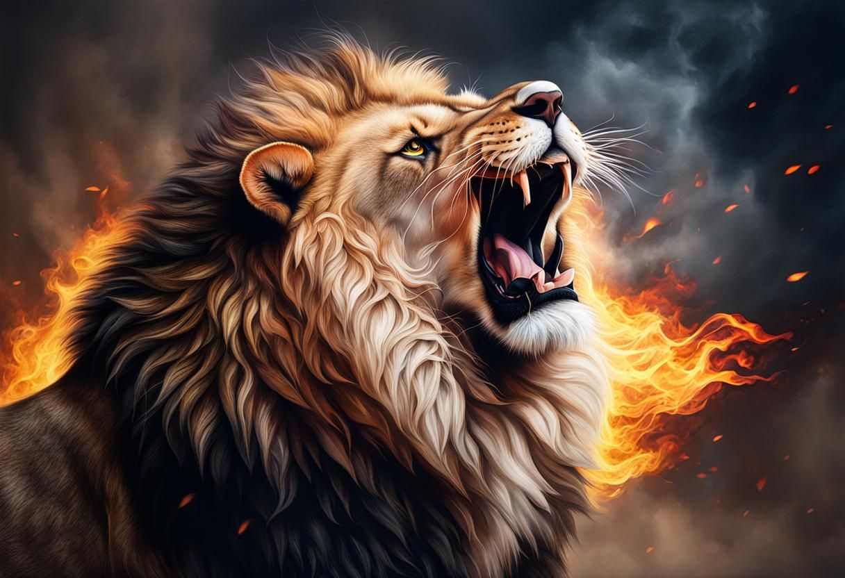 Hyper Realistic Roaring Lion with Fiery Background