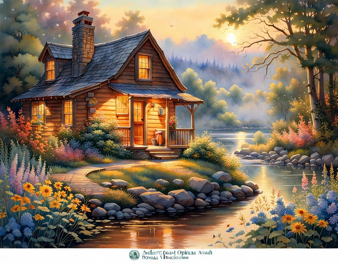 Watercolor River Scene with Cabin at Sunset