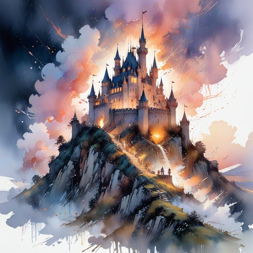 Dreamy Castle on Cloudy Hill at Sunset