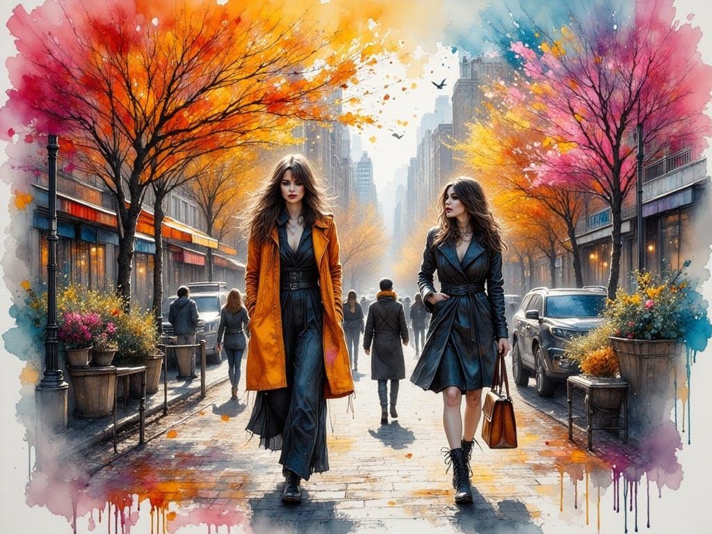 Two Women Walking in Manhattan: Ink Art Style