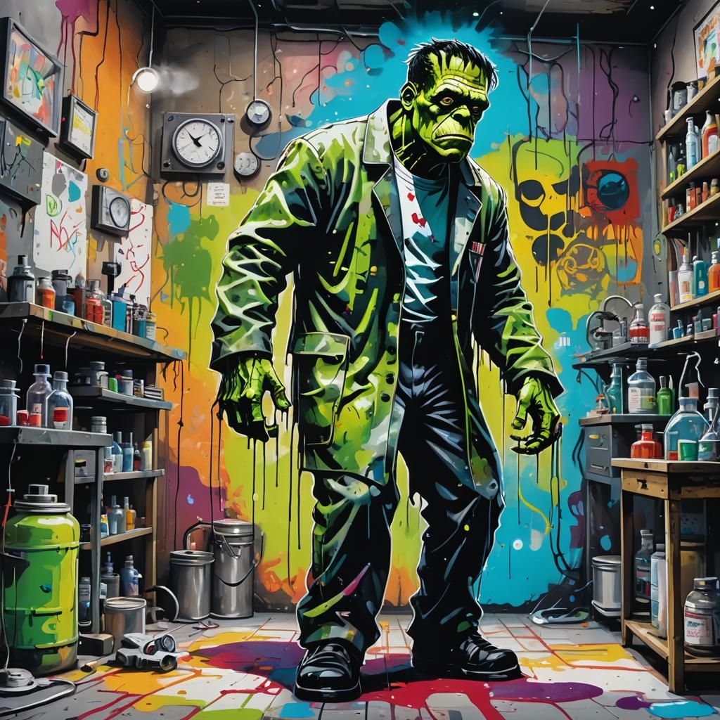 Vibrant Street Art Frankenstein in Futuristic Lab