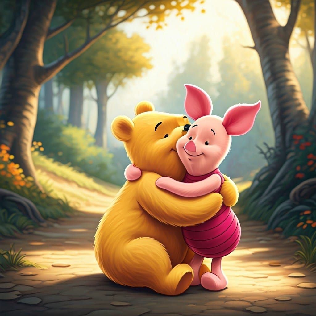 Piglet Tenderly Holds Pooh Bear in His Arms in Whimsical Woo...