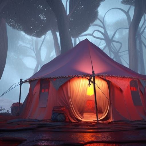 Enchanted Camper Amidst a Mysterious Rainstorm