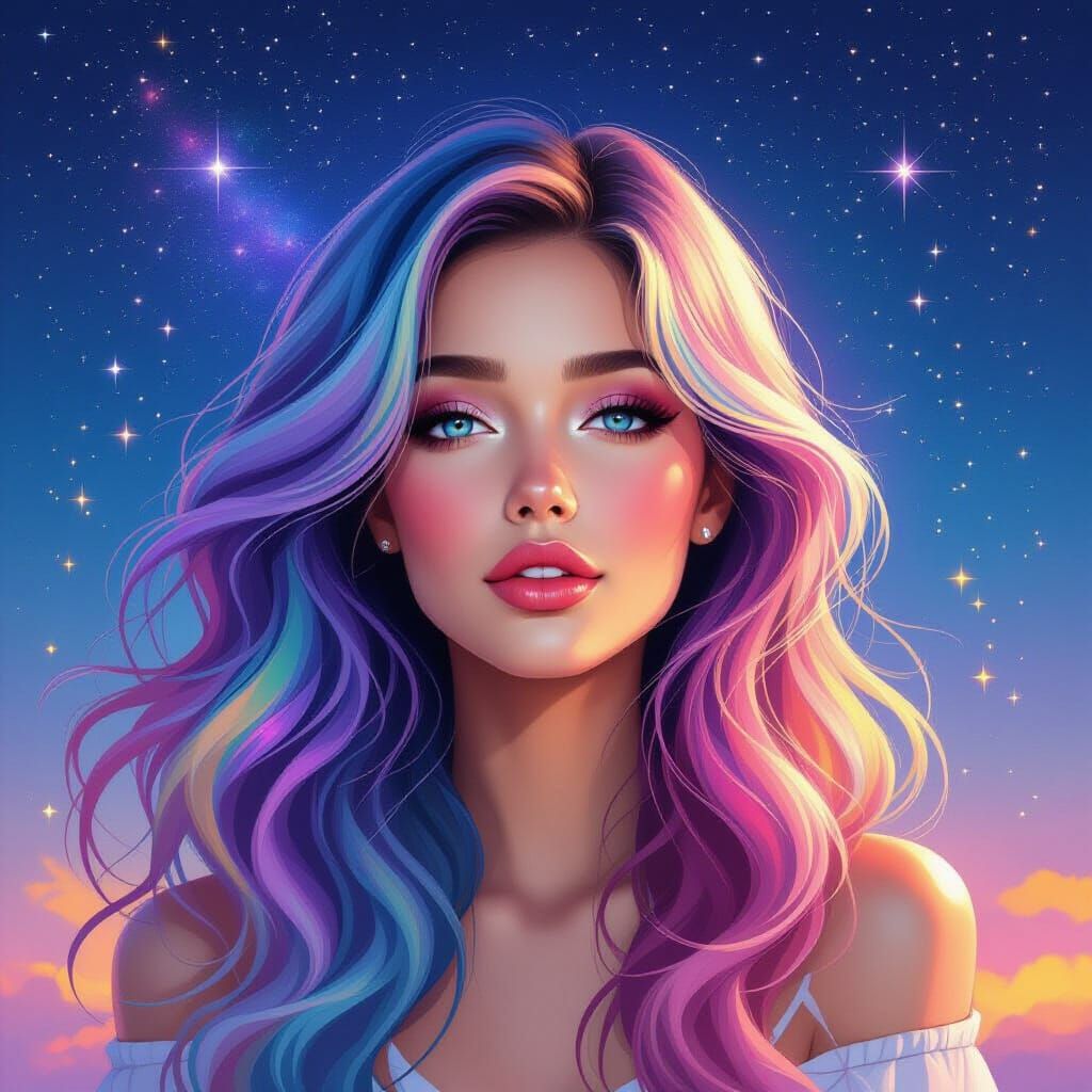 Ethereal Woman with Rainbow Hair in Airbrush Style