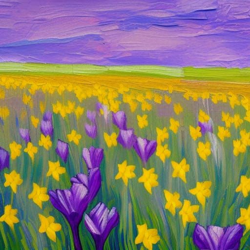 Vibrant Field of Daffodils and Crocus in Neo-Impressionist O...
