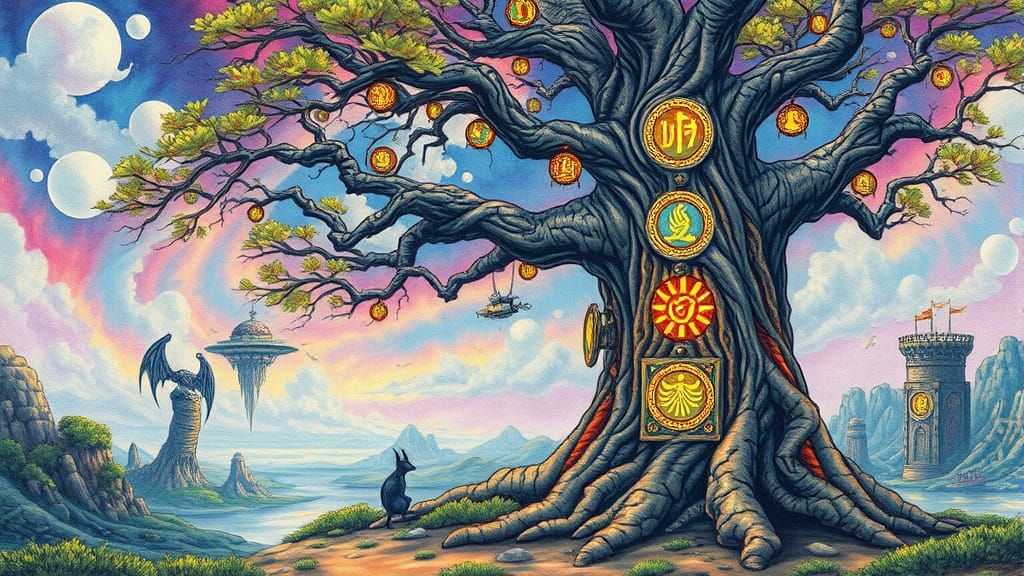 Surreal Ancient Tree with Glowing Symbols in Dreamscape