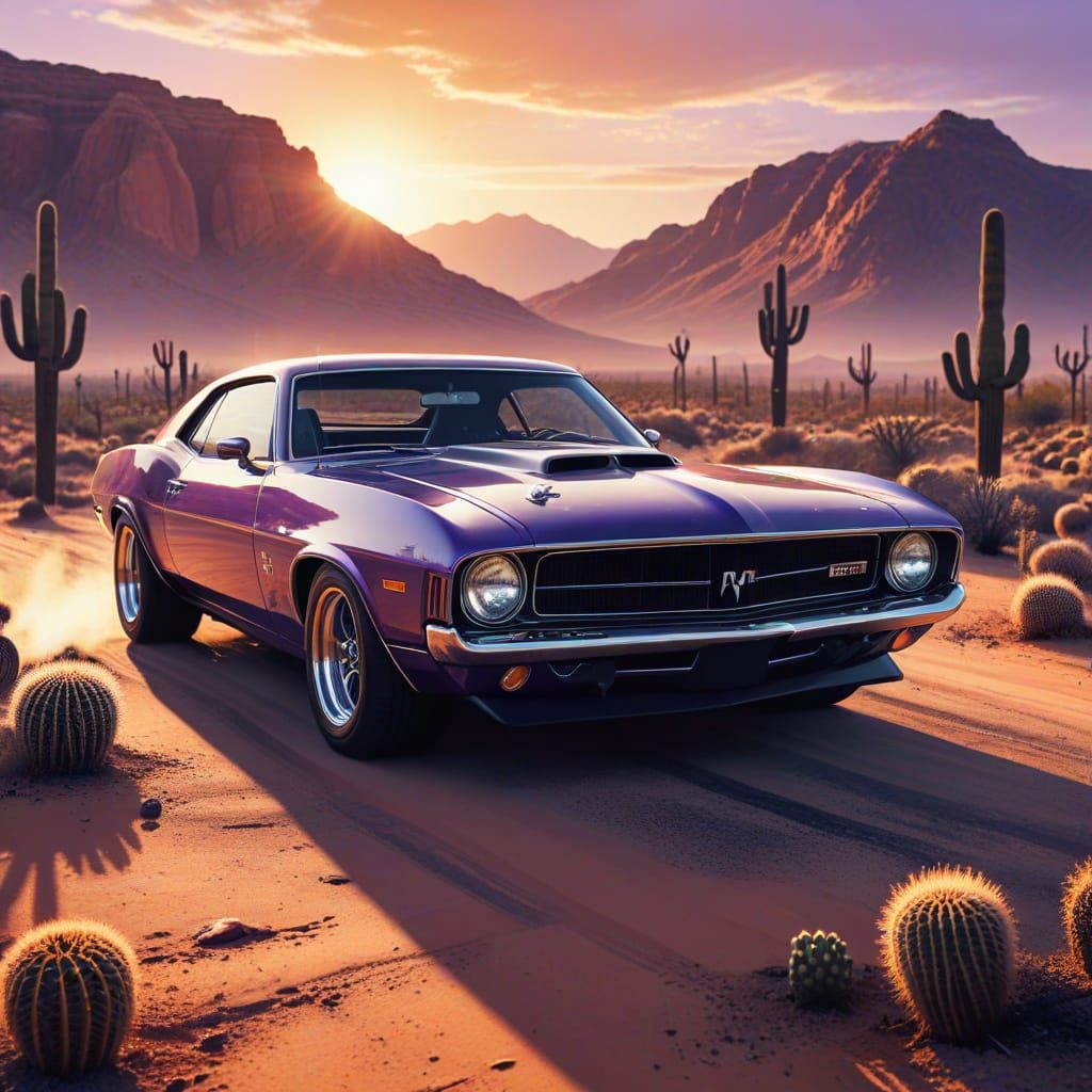 Classic Muscle Cars Race Through Desert at Sunset