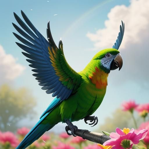 Vibrant Parrot Soars over a Field of Colorful Flowers in Hyp...