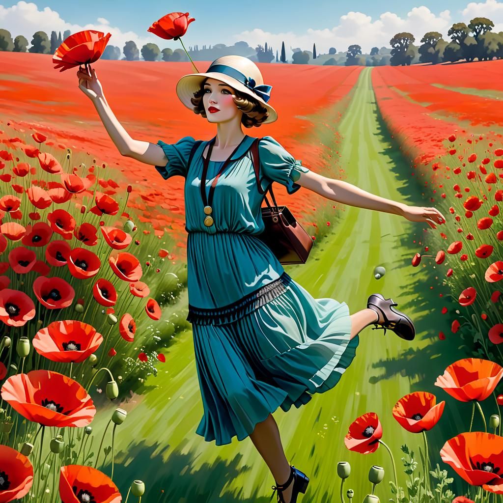 Flapper Girl Soars Over Poppy Fields in the Countryside
