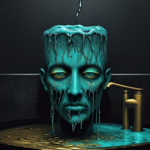 Surreal Oil Painting of Dripping Faucet in Eerie Bathroom