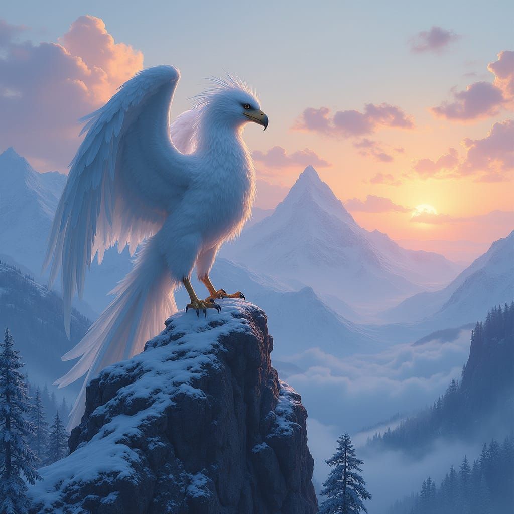 Griffin on Snowy Peak in Art Nouveau Style