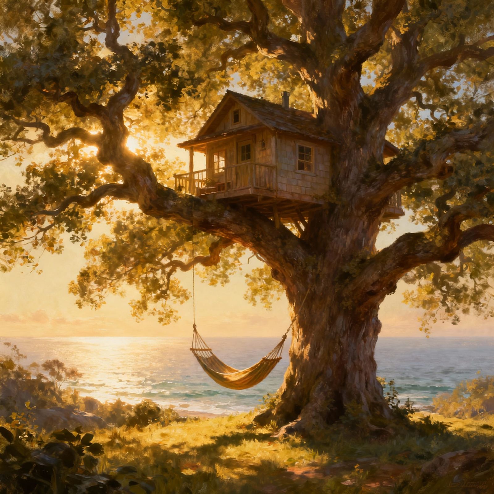 Sun-Drenched Treehouse in Ancient Oak with Seaview