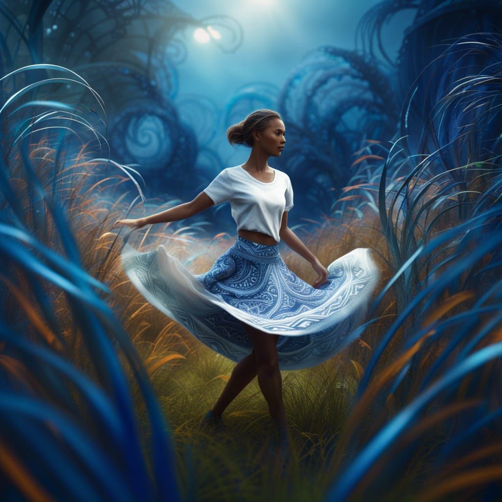 Fantastical Dancing Maiden in Deep Blue and Green Swirls