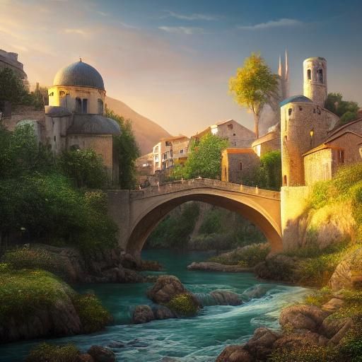 Ancient City of Mostar Captured in Warm Golden Light