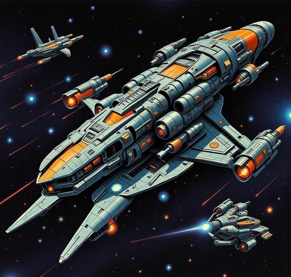 Sci-Fi Spacecraft Battle in Futuristic Style