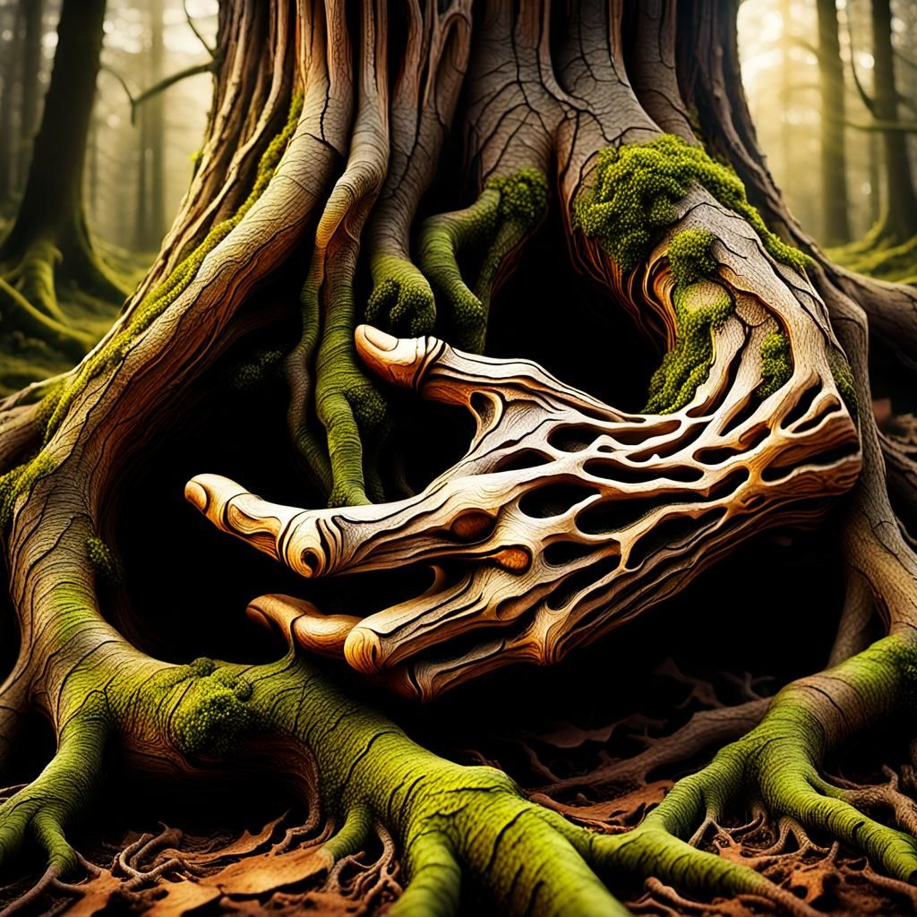 Surreal Wooden Hand Becomes Tree Roots in Organic Fantasy Sc...