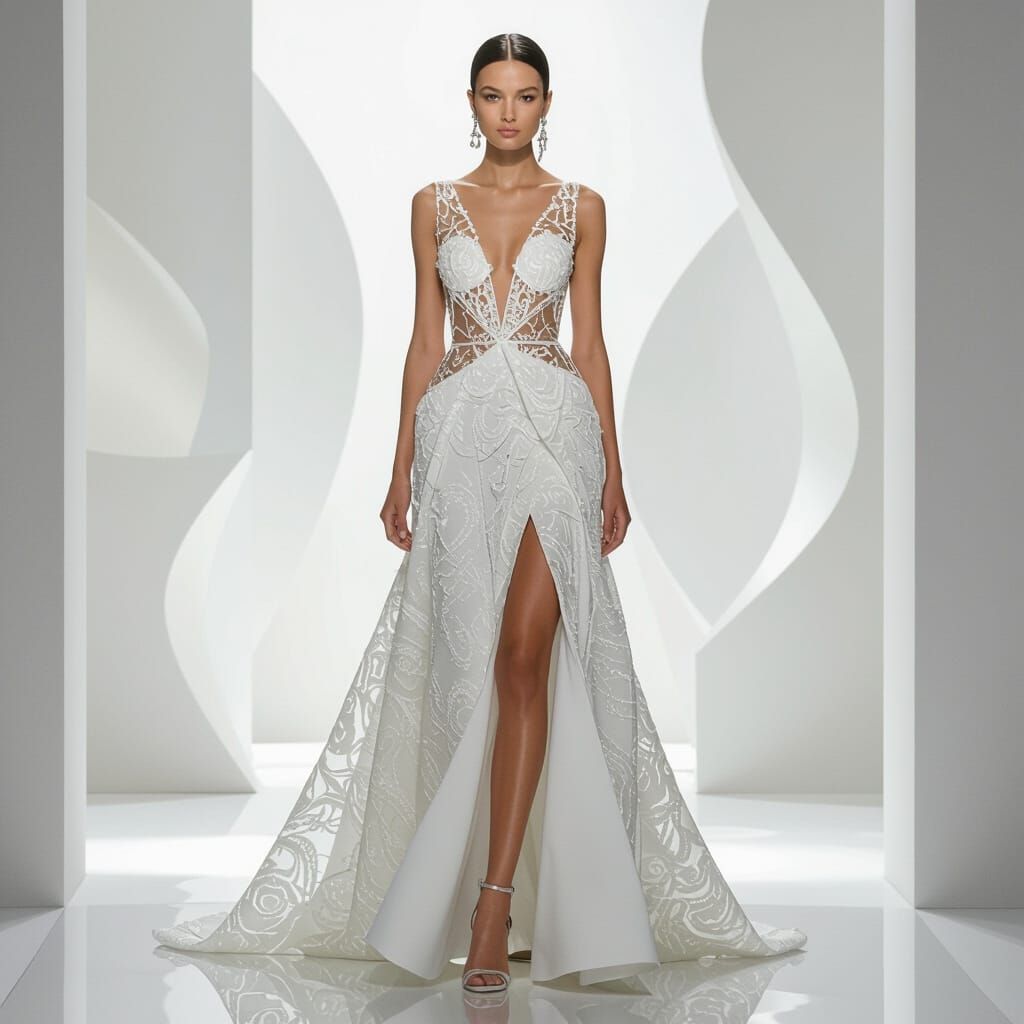 Elegant Model in White Gown Inspired by Couture Designs