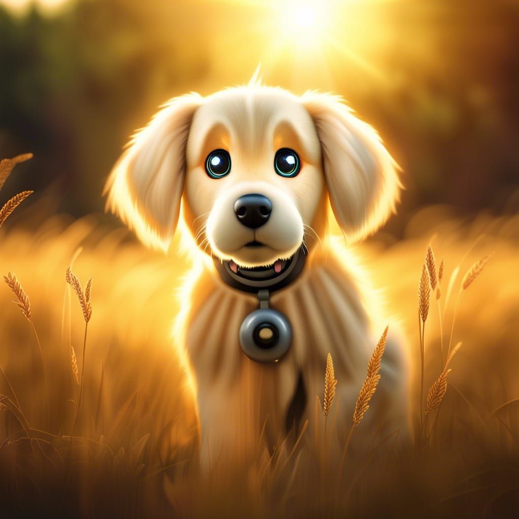 Cinematic Golden Retriever Robot in Sunset Field