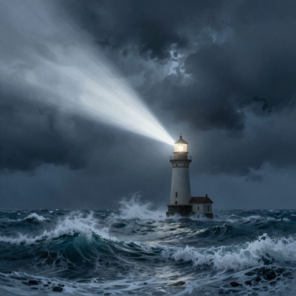 Lighthouse Beam Pierces Stormy Night Ocean