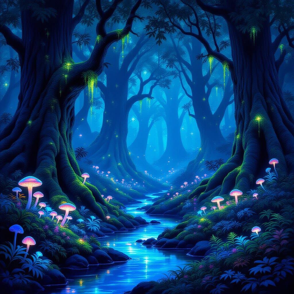 Magical Bioluminescent Forest at Midnight