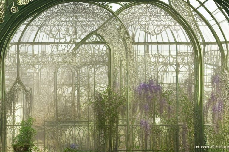 Victorian Glass Greenhouse in Patina Green with Intricate Ir...