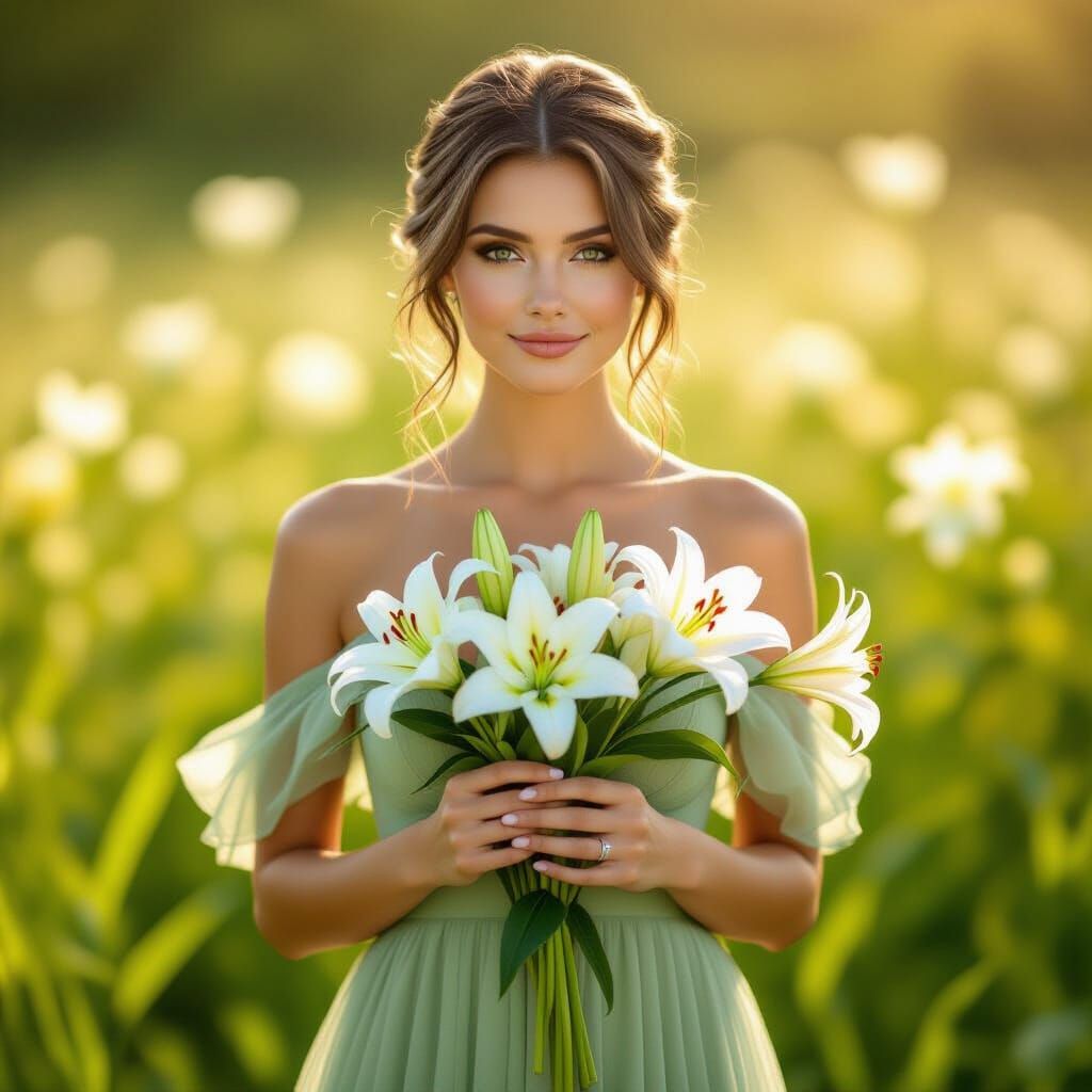Woman in Light Green Dress Holding Lilies in Sunlit Meadow