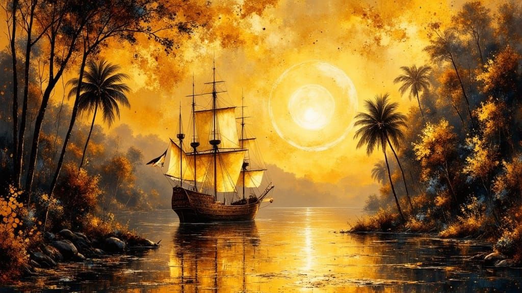 Ethereal Sailing Ship Navigates Golden River in a Jungle of ...