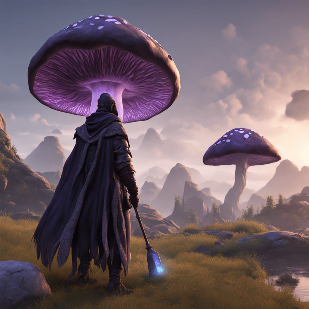 Mushroom Druid Wielding Wooden Club in Anime Style