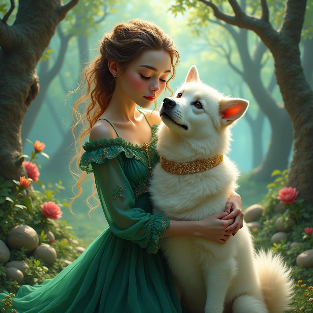 Dreamlike Goddess Embraces Majestic White Fawn in Emerald Go...