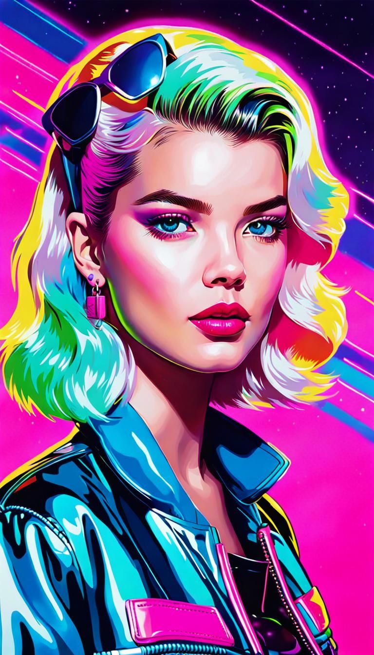 Vibrant 80's Synthwave Portrait of a Young Woman in a Post-A...