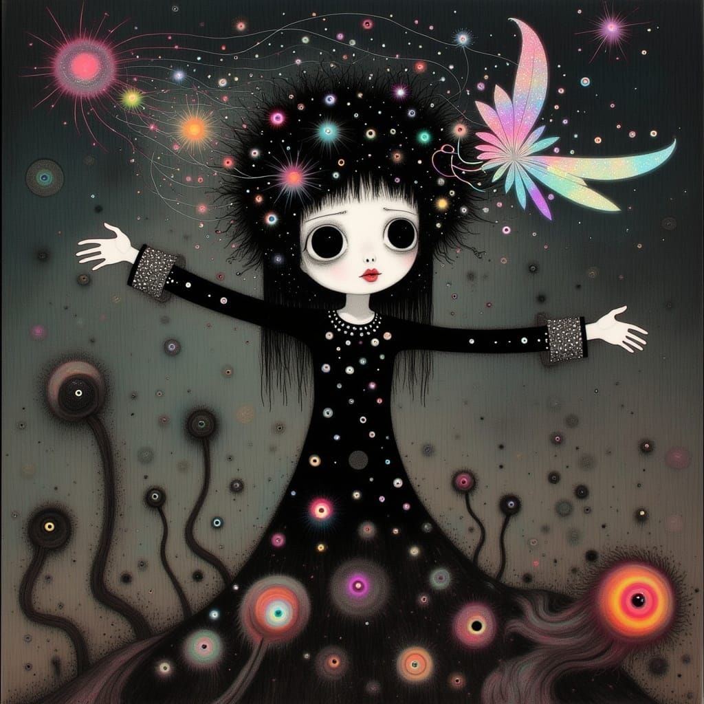 Ethereal Woman Surrounded by Celestial Ballet in Fractal Gow...