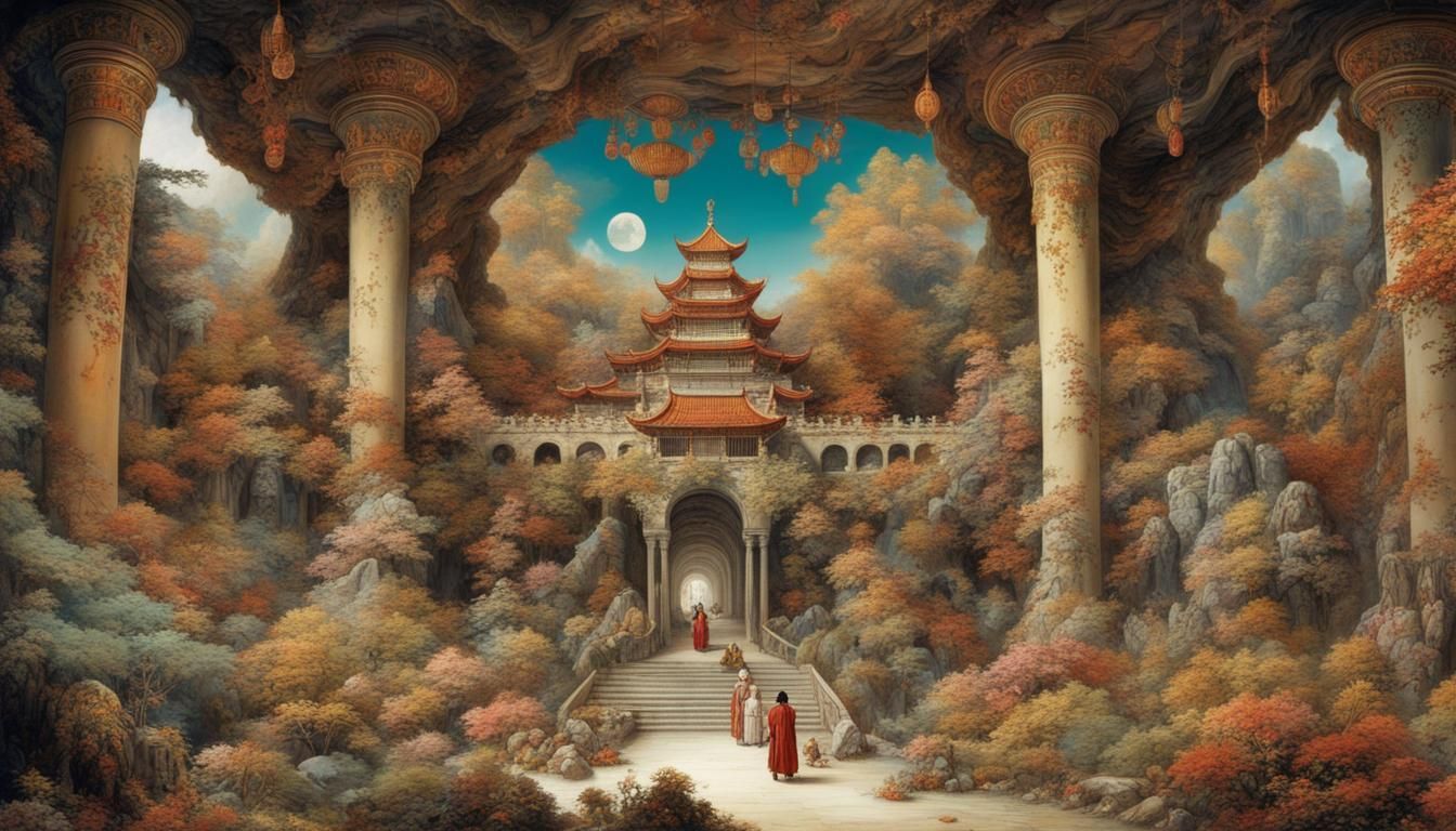 Surreal Winter Palace Scene with Alien Life Forms