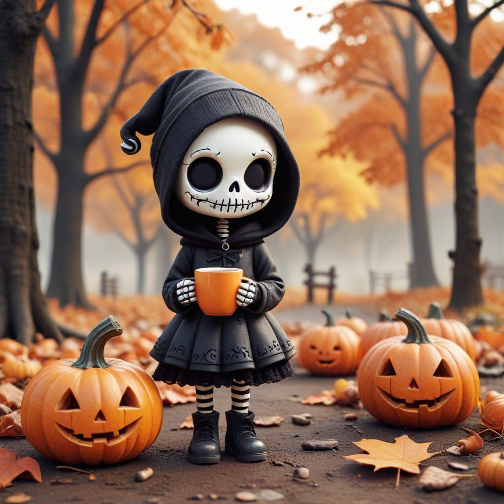 Chibi Skeleton Sips Hot Chocolate in Whimsical Autumn Scene