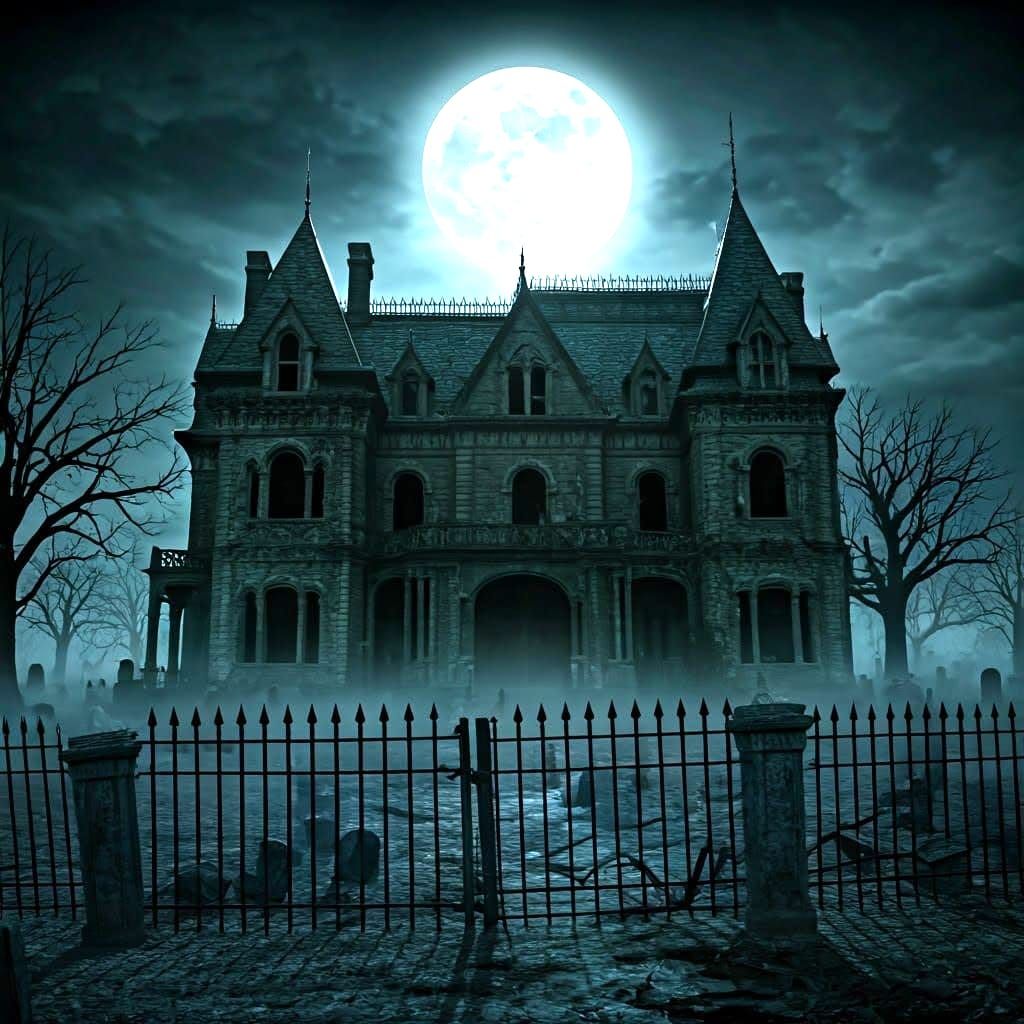 Gothic Horror Mansion Under Full Moon in Victorian Style