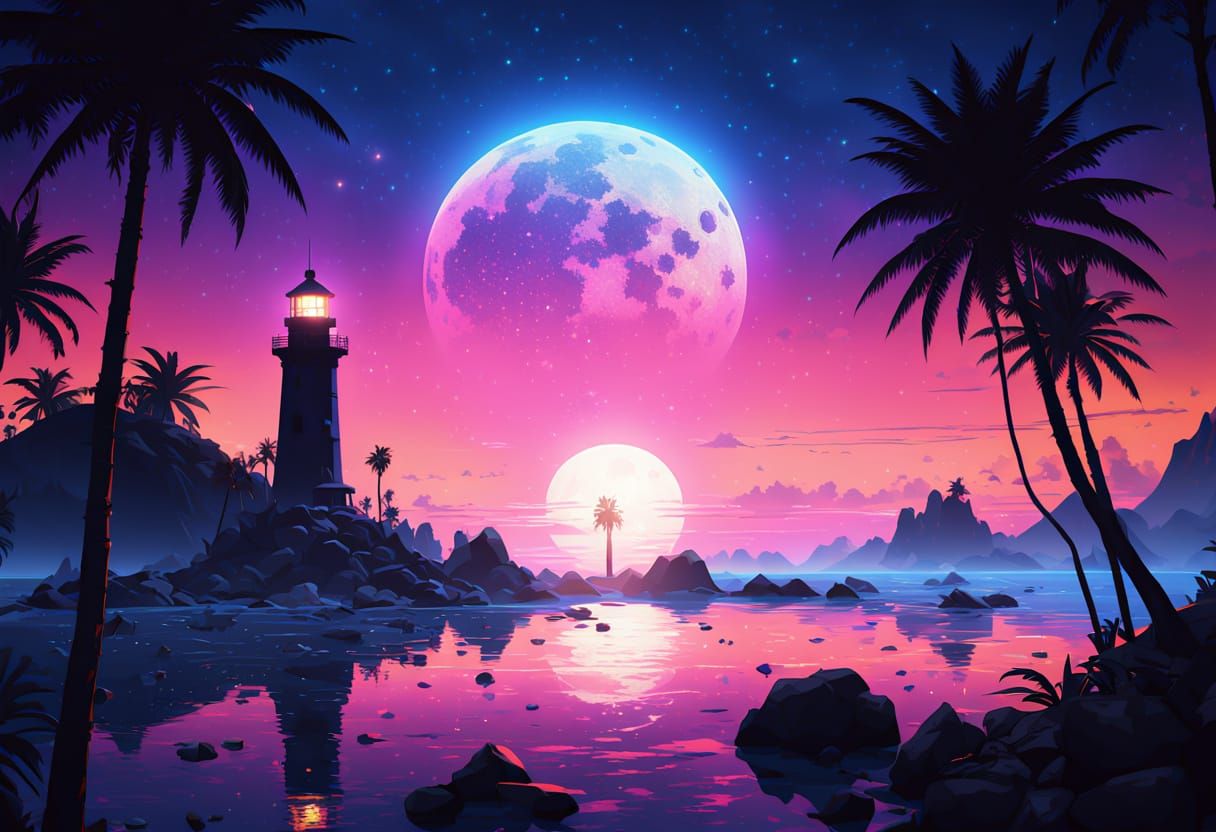 Neon Sunset Lighthouse in Ukiyo-e Silhouette