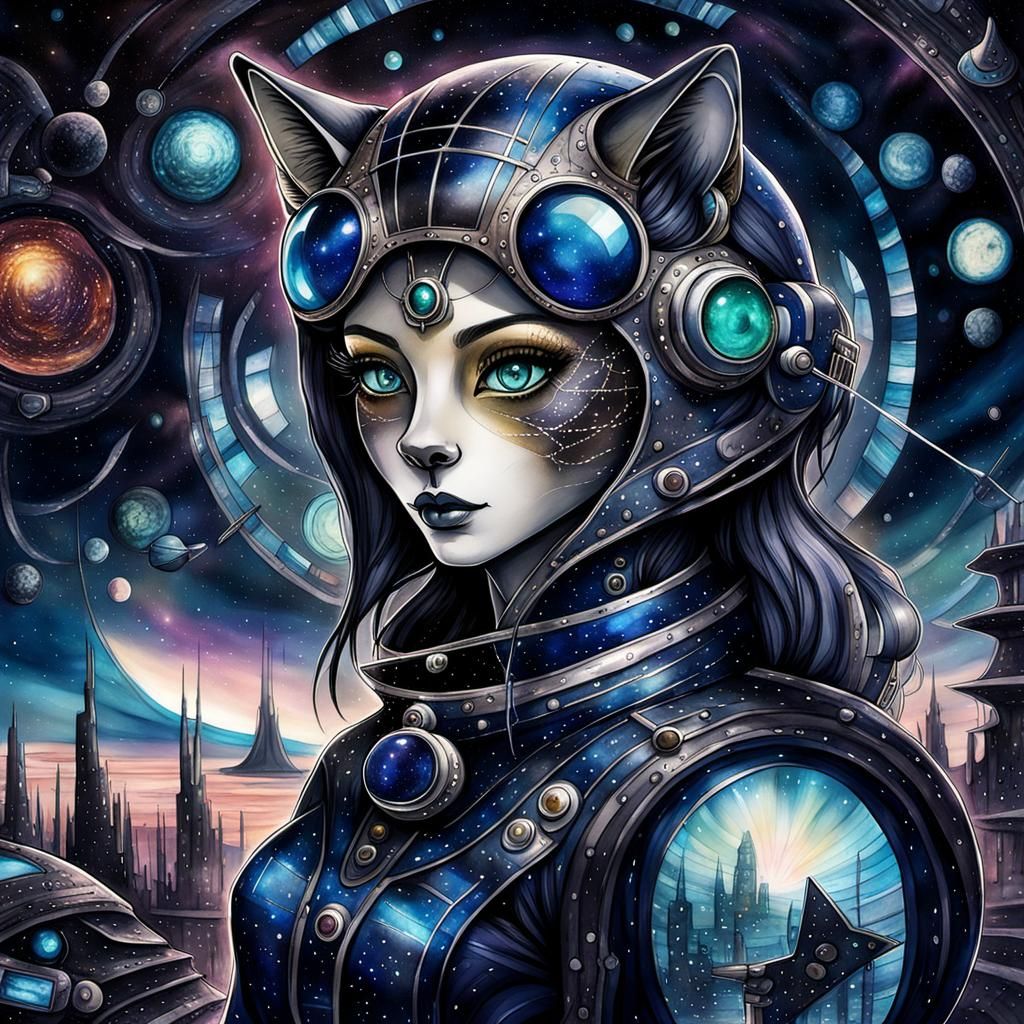 Futuristic Cat Girl Navigator in Surreal Space Station