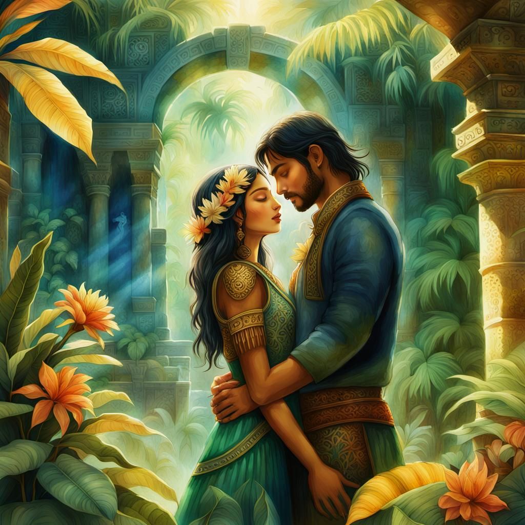 Ancient Mesoamerican Couple in Lush Temple Setting