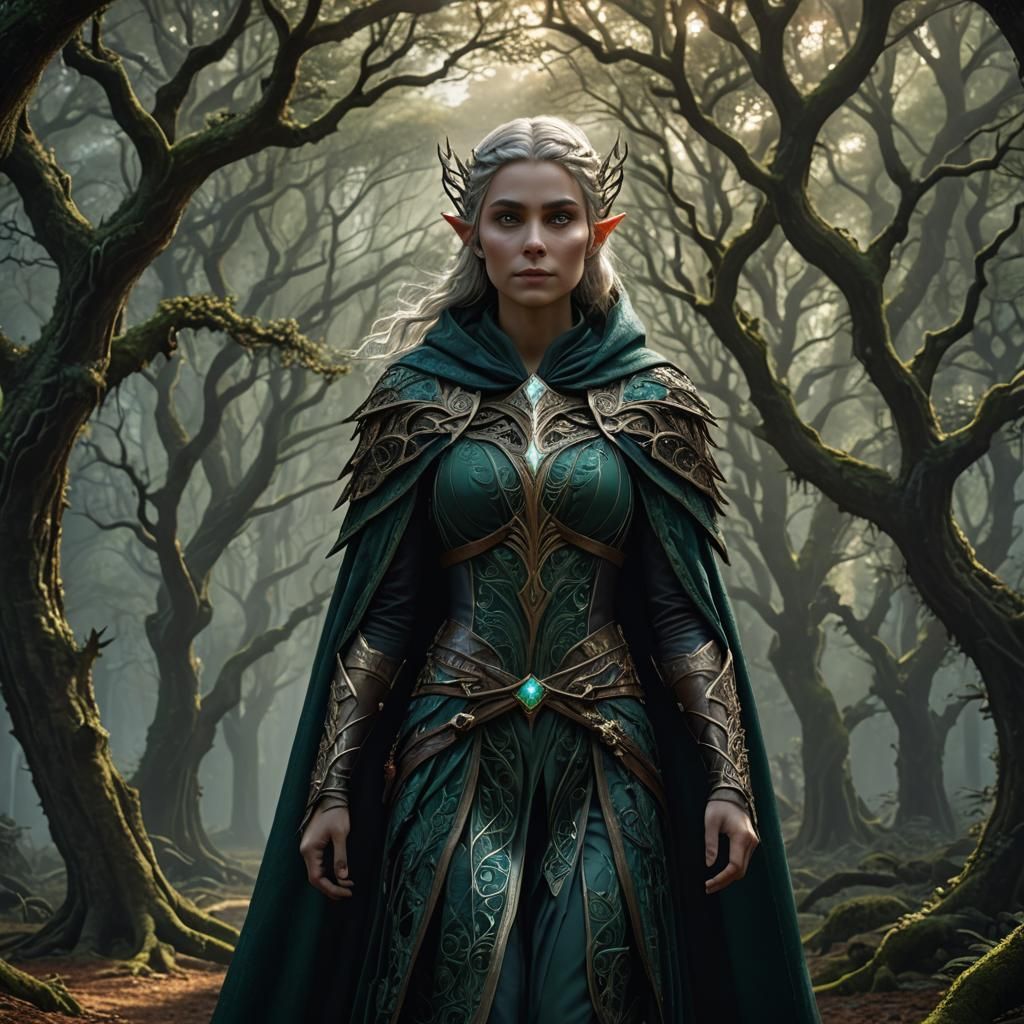 Ethereal Elf Maiden Strolls Through Dark, Enchanted Forest i...