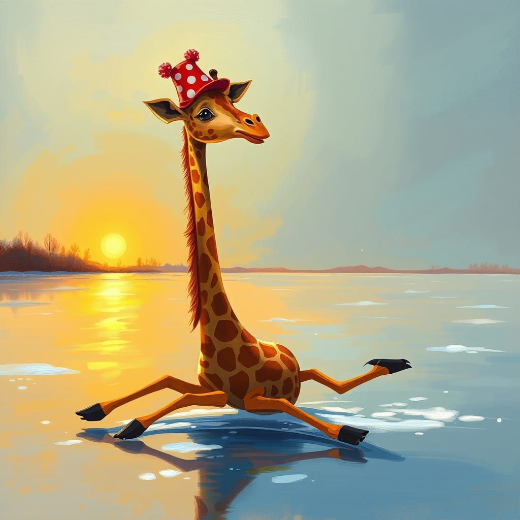 Surreal Giraffe Ice Skates in Golden Hour Impressionist Styl...